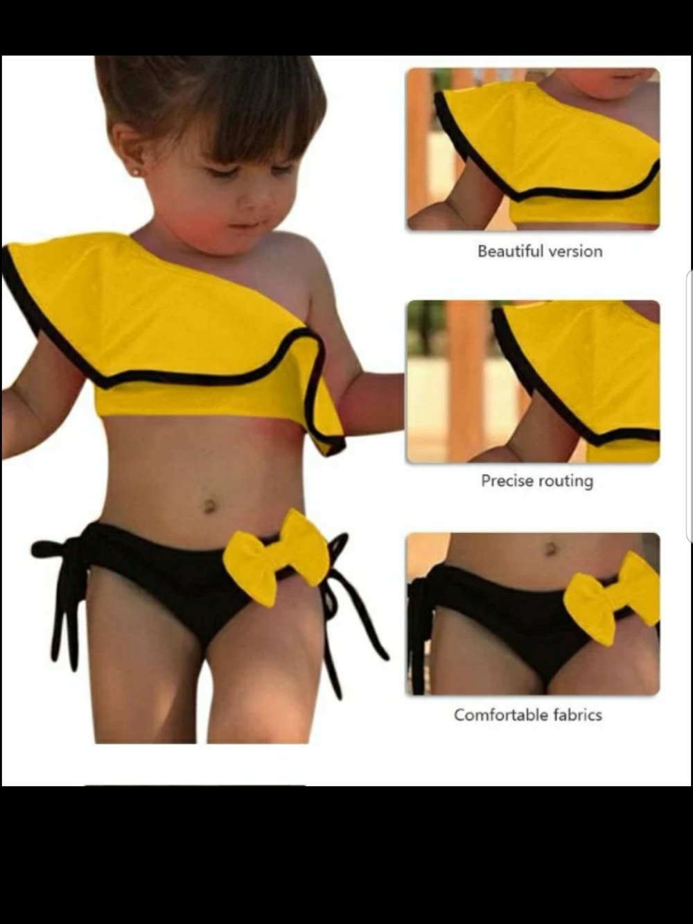 Girls Yellow One-Shoulder Ruffle Bikini Set with Black Accent